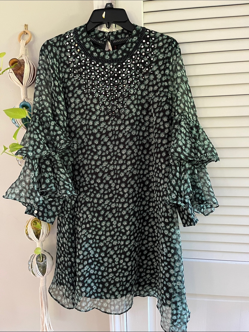 Ranna Gill Black and Green Floral Midi Dress
